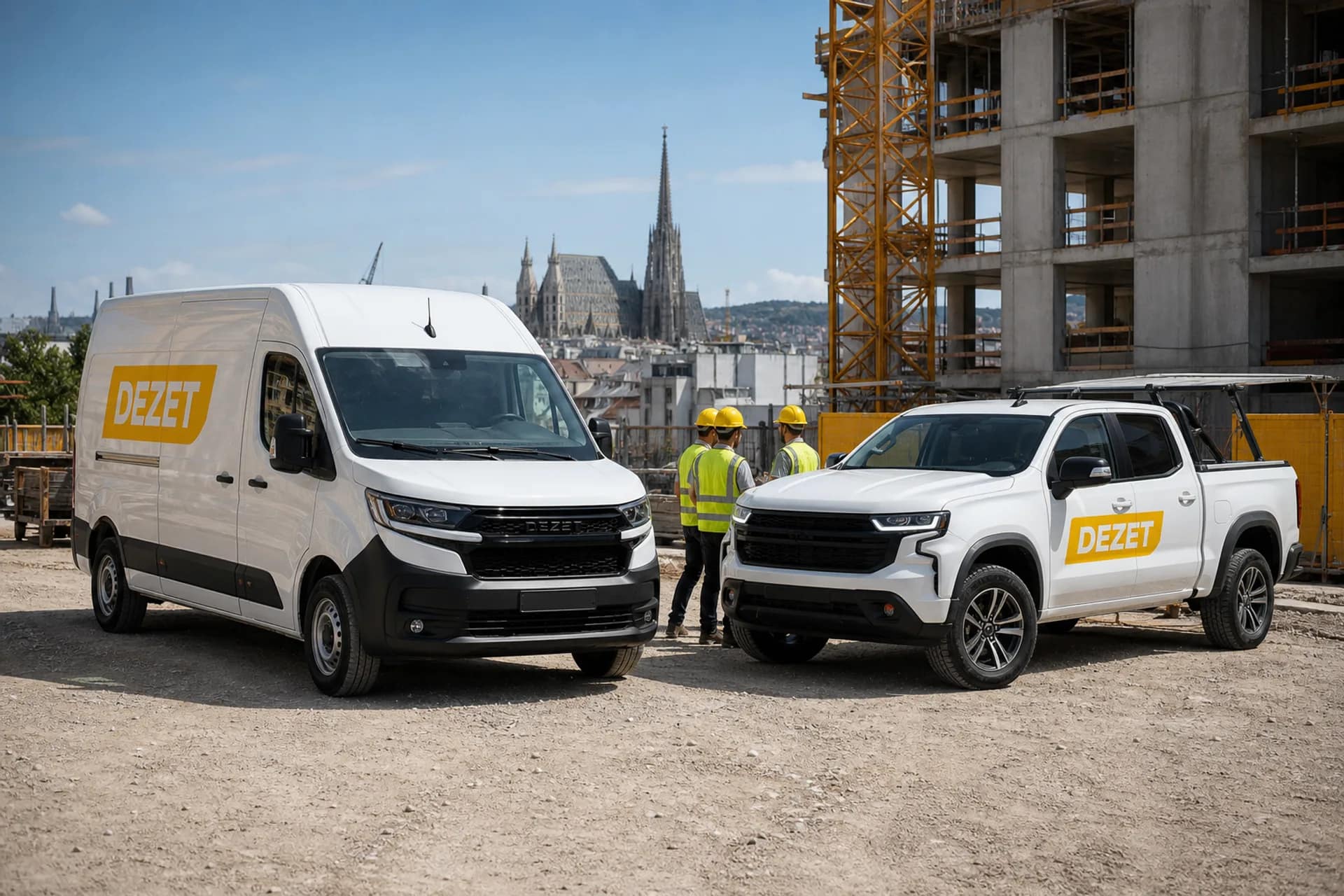 DEZET BAU Einsatzfahrzeug mit Branding vor einer Baustelle