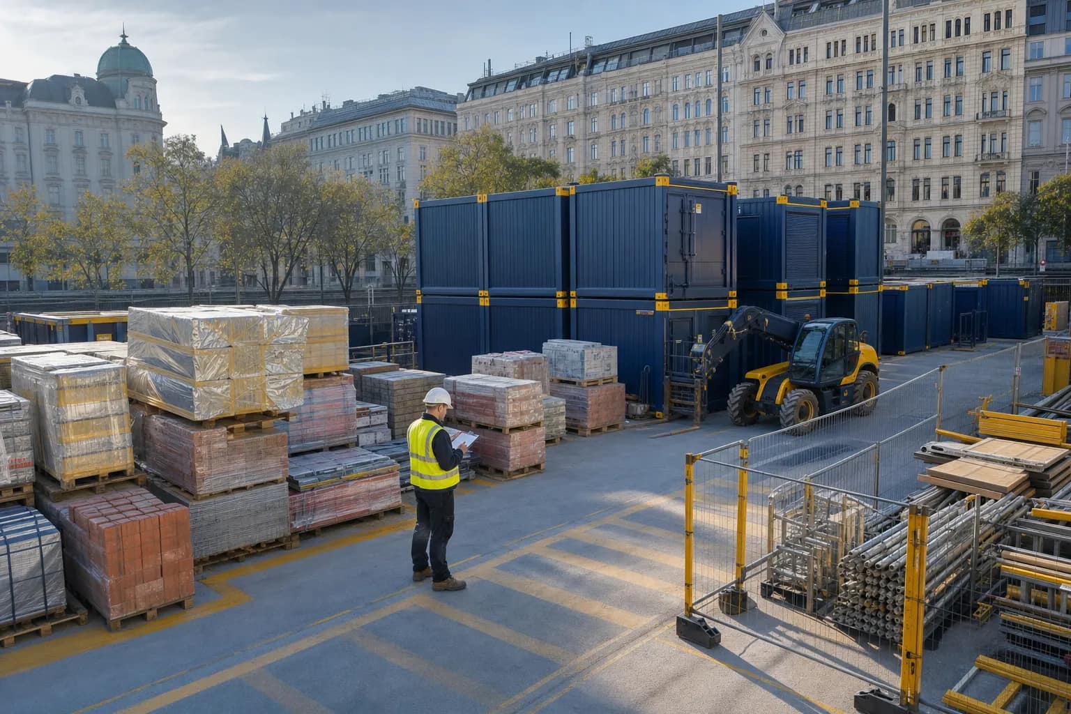 Geordnete Baustelleneinrichtung mit Lagercontainern, Materialpaletten und Teleskoplader