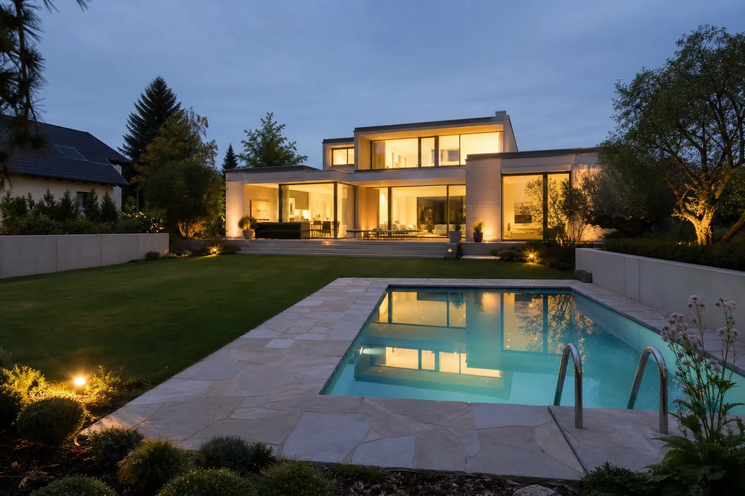 Garten mit Pool, Natursteinterrasse und beleuchtetem Einfamilienhaus am Abend