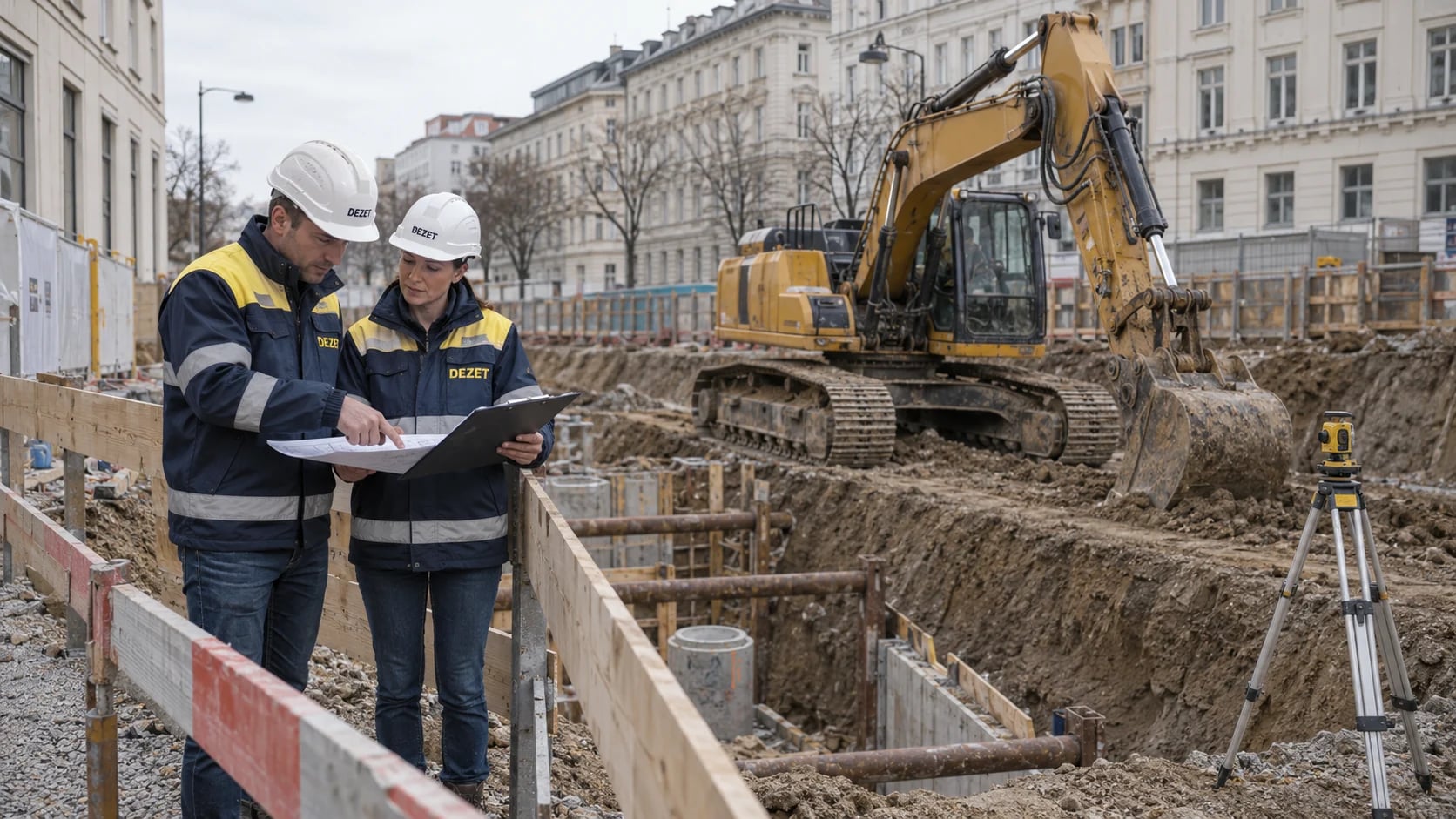 Symbolische Tiefbauszene mit Bagger und Baukoordination in DEZET-Farben