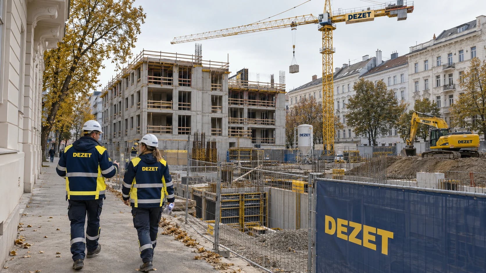 Symbolische Wiener Bauszene mit Kran und Arbeitskleidung in DEZET-Farben