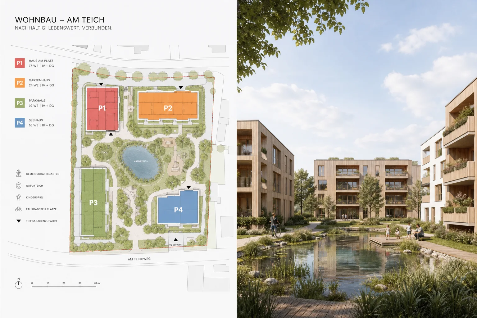 Projektvisualisierung Lageplan und Perspektive Wohnbau Sunshine Rosental