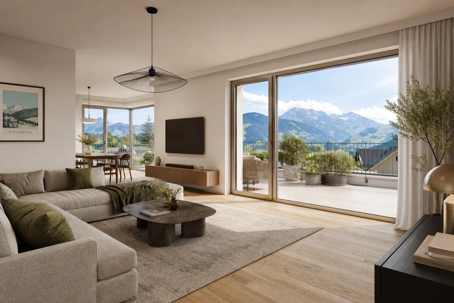 Projektvisualisierung heller Wohnraum mit Terrasse