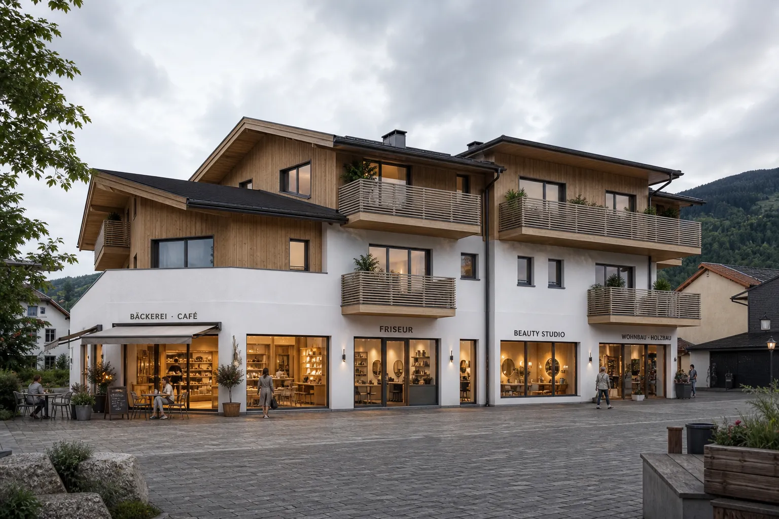 Projektvisualisierung Gewerbe Erdgeschoss Wohnbau Holzbau