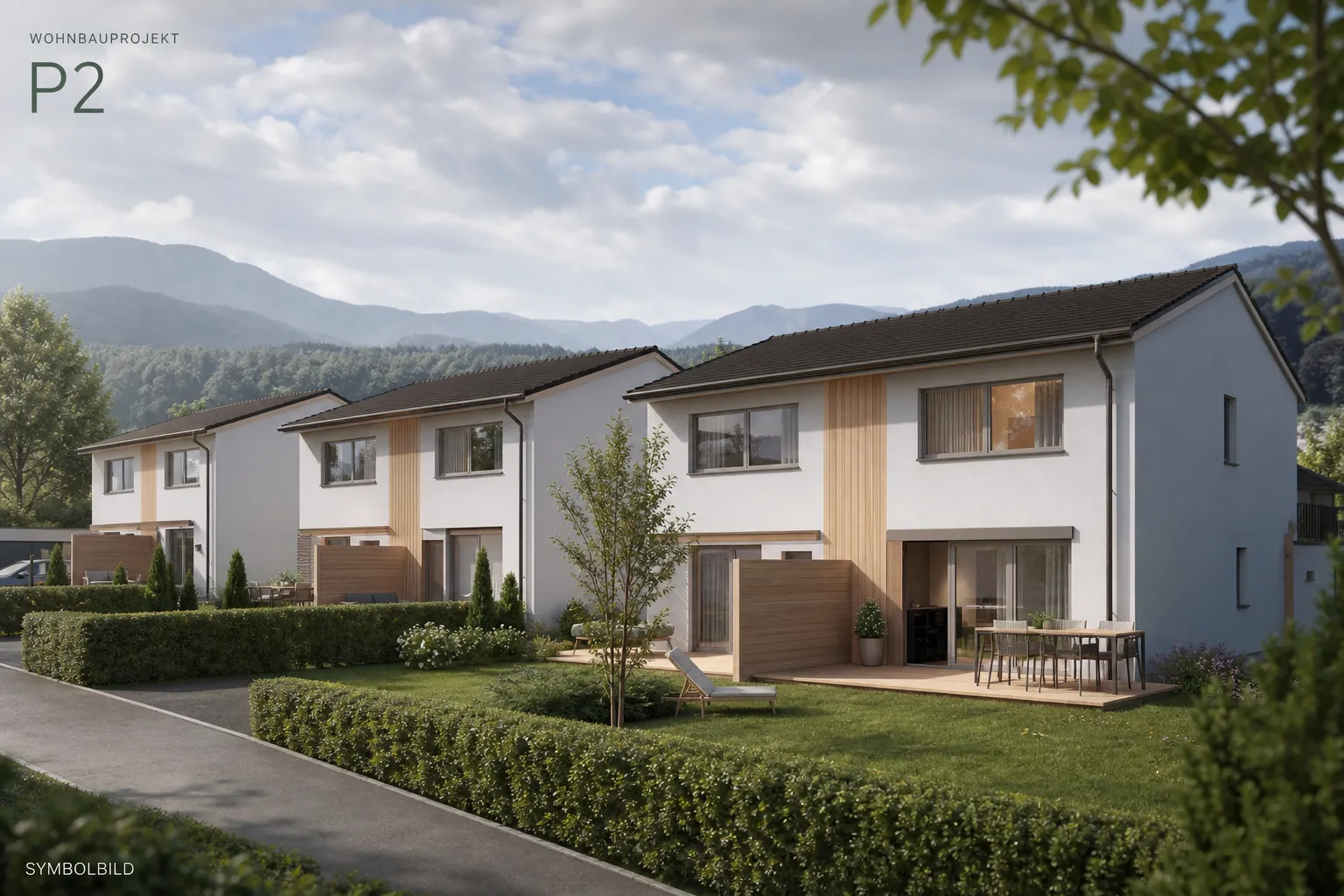 Projektvisualisierung Doppelhaushälften Holzbau mit Garten