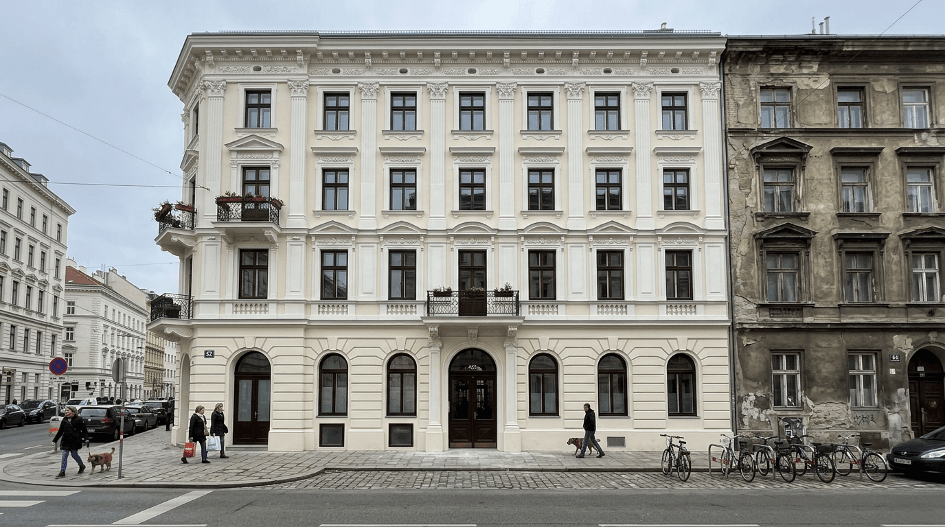 Saniertes Wohngebäude mit erneuerter Fassade