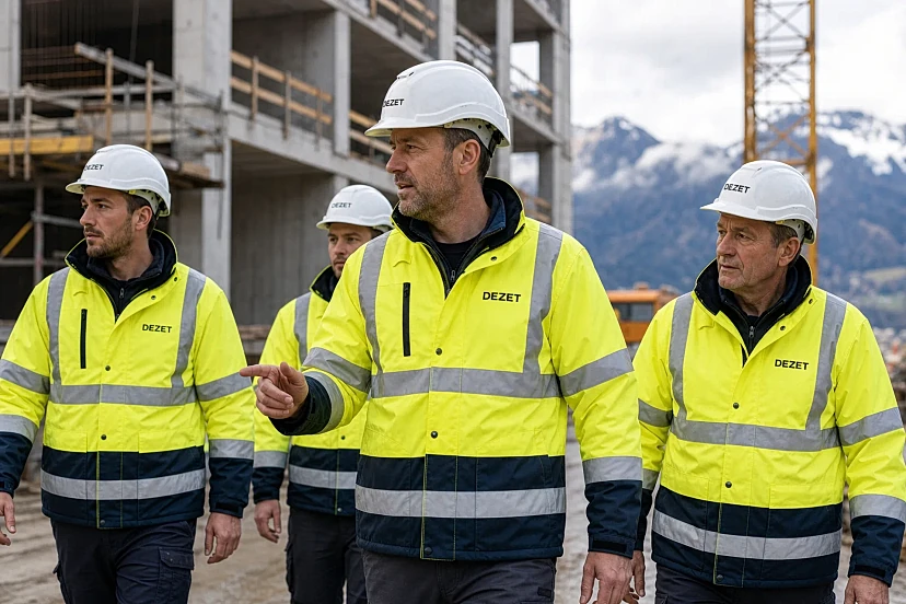 DEZET Bauleitung mit Helm und Logo auf der Baustelle