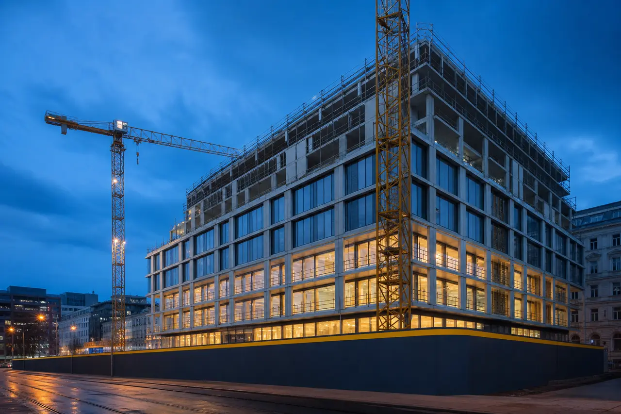 DEZET BAU Großprojekt in Wien – Wohn- und Bürogebäude mit Kränen in der Abenddämmerung