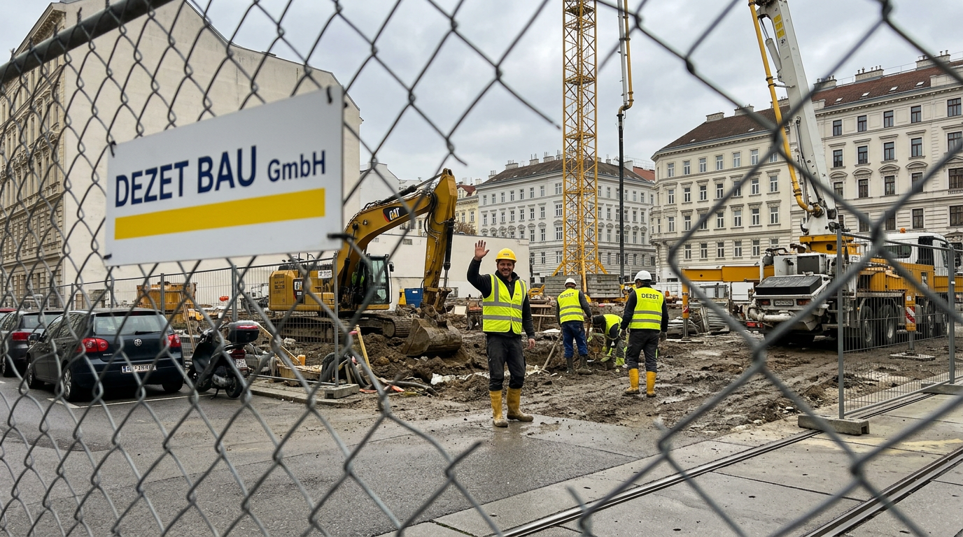 DEZET BAU GmbH Baustellenschild in Wien mit Bagger und Arbeitern