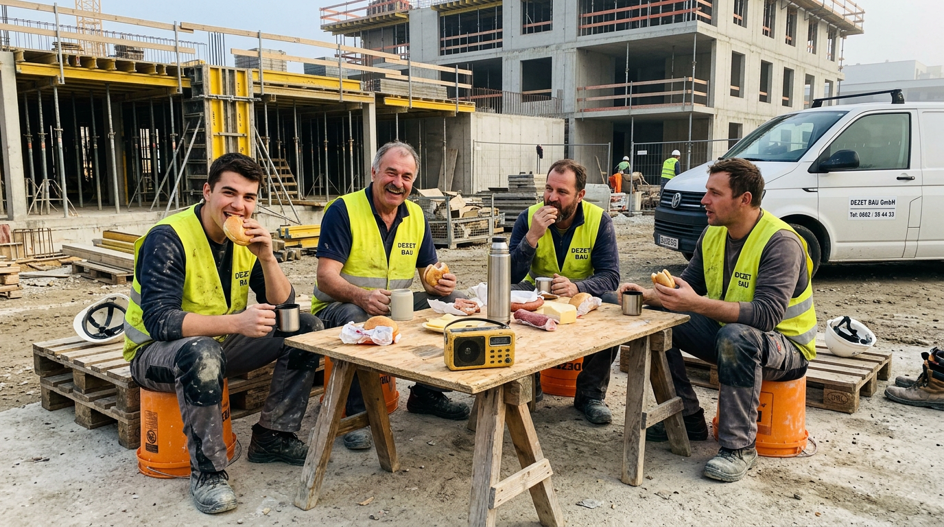 DEZET BAU Team bei der Jausenpause auf der Baustelle