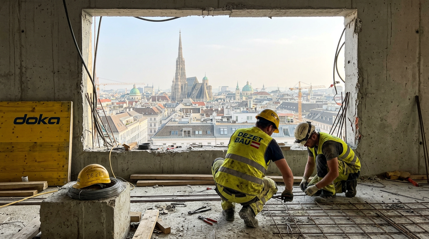 DEZET BAU Arbeiter bei Bewehrungsarbeiten mit Blick auf den Stephansdom