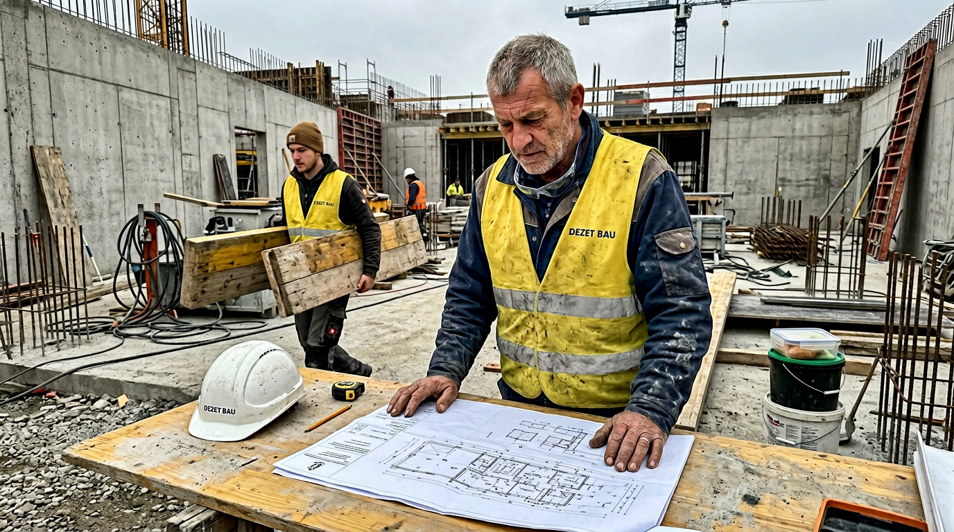DEZET BAU Polier prüft Baupläne auf der Baustelle in Wien