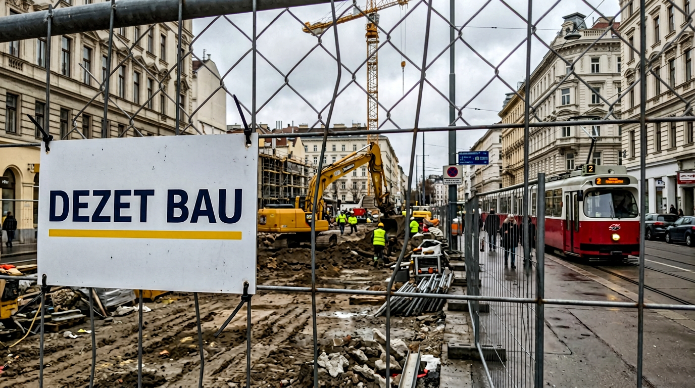 DEZET BAU Baustellenschild am Bauzaun in einer Wiener Straße mit Straßenbahn