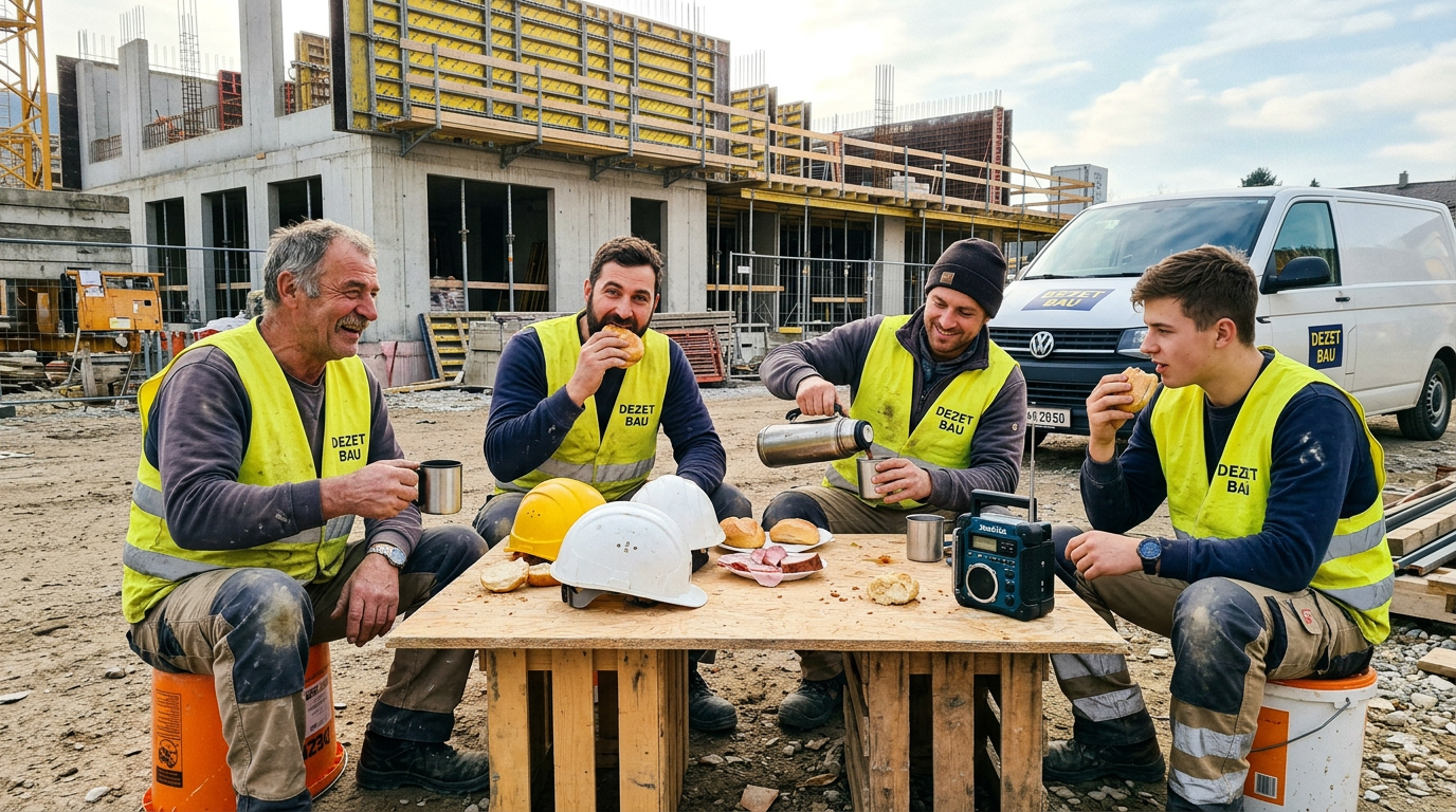 DEZET BAU Team bei der Jausenpause auf der Baustelle