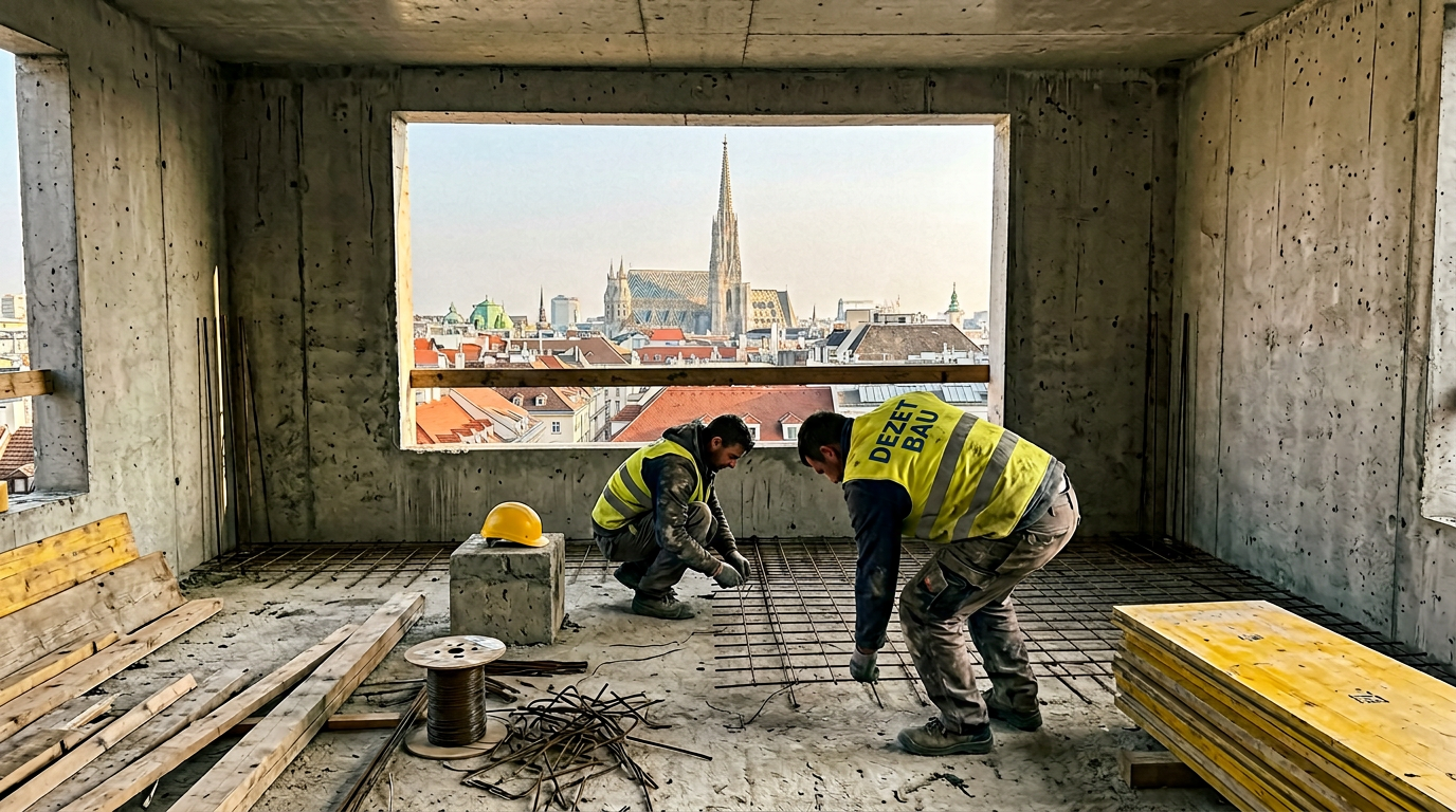 DEZET BAU Arbeiter bei Bewehrungsarbeiten mit Blick auf den Stephansdom