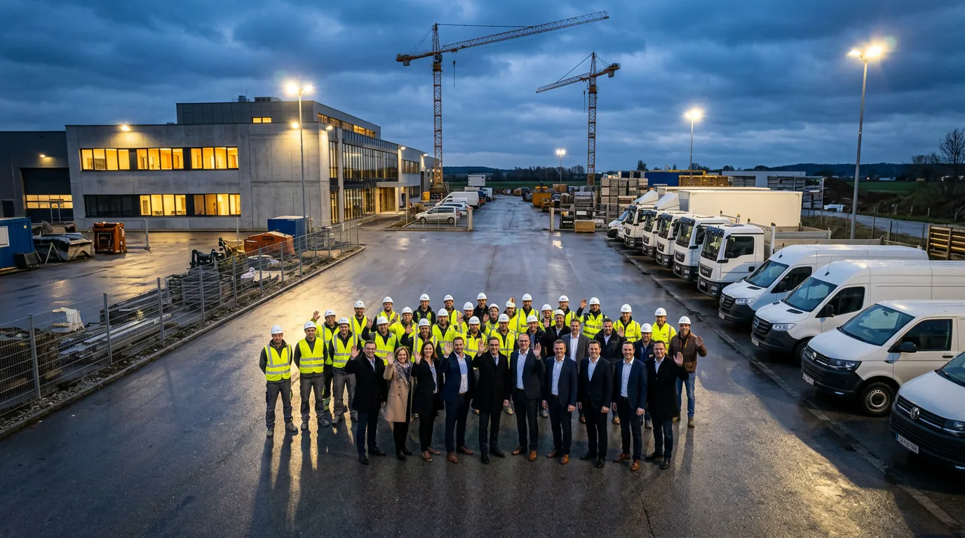Luftaufnahme: DEZET BAU Quartier mit Team, LKWs und Kränen im Abendlicht