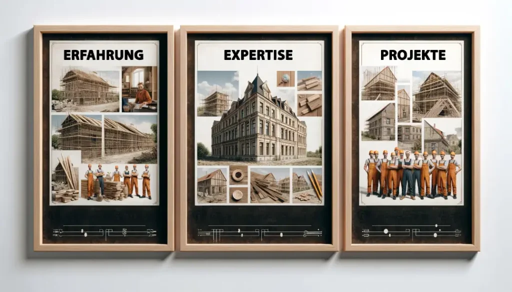 Bild, das drei Bilderrahmen auf einem weißen Hintergrund zeigt. Jeder Rahmen enthält ein Foto, das einen anderen Aspekt des Bauunternehmens DEZET BAU darstellt.