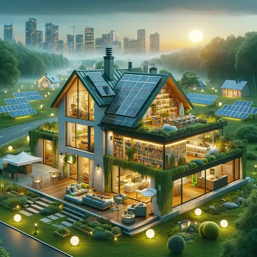 Das Bild zeigt ein modernes Zuhause, das mit Merkmalen ausgestattet ist, die Energieeinsparungen und umweltfreundliches Wohnen fördern, wie Solarpaneele, energieeffiziente Geräte, LED-Beleuchtung und grünes Dach. Es veranschaulicht auch die Verwendung von nachhaltigen Baumaterialien und Gestaltungstechniken, die die Umweltauswirkungen minimieren. Die Darstellung vermittelt die Idee, dass das Haus nicht nur ästhetisch ansprechend, sondern auch funktional effizient und umweltverantwortlich ist, was die Integration von grünen Technologien und Praktiken in den Bauprozess hervorhebt.