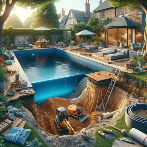 Das Bild zeigt den Bau eines Swimmingpools in einem privaten Garten, vom Anfang des Aushubs bis hin zum fast fertiggestellten Pool.